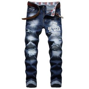 Explosive Personality Fashion Pure Cotton ripped solid printing Small Straight Jeans