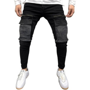 European and American men's denim fabric casual sports pants zipper big pocket hip-hop jeans