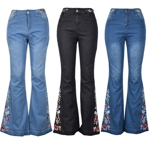 Ladies jeans embroidered washed flared denim trousers