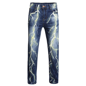 European and American style personality lightning hole 3D digital printing fashion men's jeans