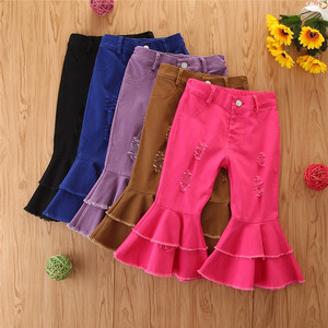 New Children Girls Flare Pants Toddler Kids Baby Solid Color Holes Ripped Denim Bell-bottom Trousers