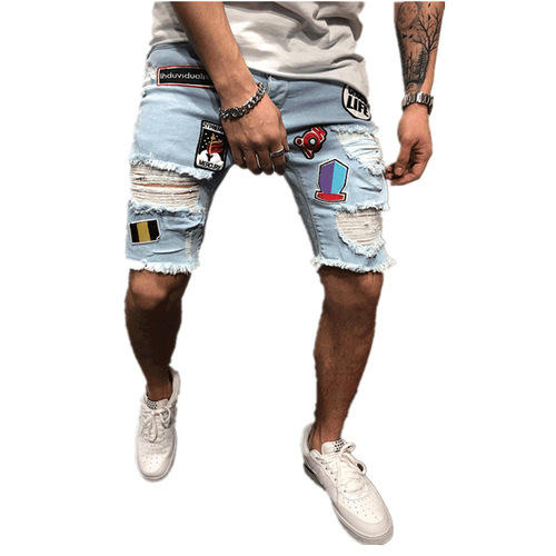 Men's denim shorts summer ripped men's trousers slim fit European and American five-point pants jean