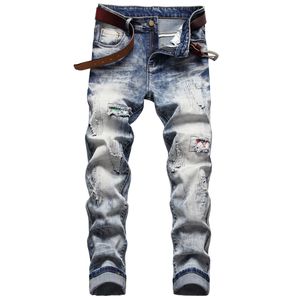 Fashion personality street tide ripped patch embroidery nostalgic stretch small straight men's jeans