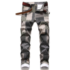 Colorful personality fashion print stitching patch checkered stretch small straight men's jeans