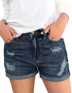 Cross-border European and American foreign trade ripped turnup women's denim shorts