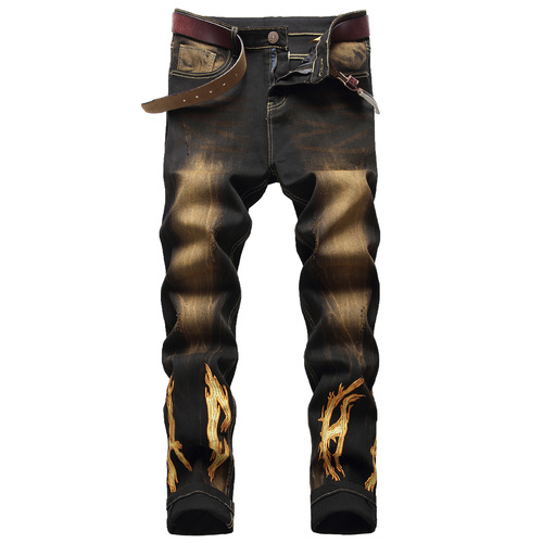Stretch embroidery retro fashion personality small straight street trendy denim trousers