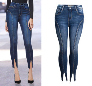 New mid-waist stretch split trousers high-quality washed ninth jeans