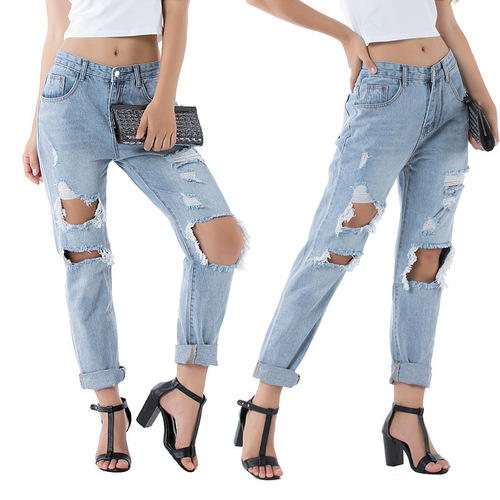 Loose jeans plus size street ladies ripped cross-pants trousers