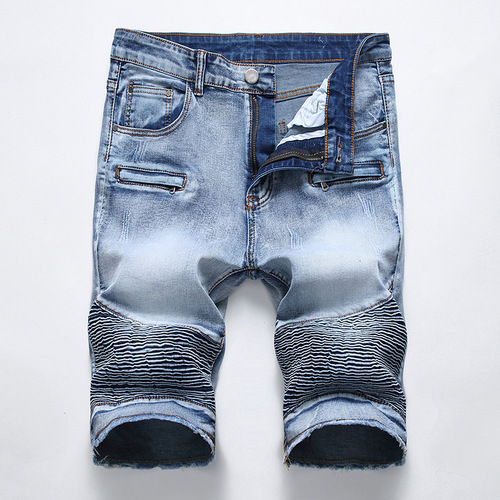 Trendy brand motorcycle folds straight denim shorts men's pocket zipper five-point pants