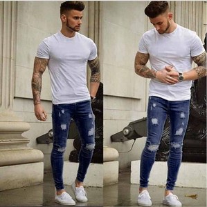 White frayed small feet slim jeans wholesale European and American men's skinny jeans