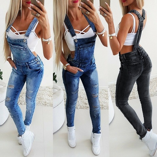 European and American new style women's Y-shaped wide band sexy tight overalls frayed jeans